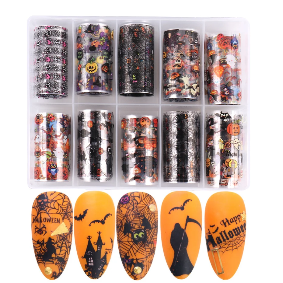 

10pcs Halloween Nail Art Foil Decal Spider Pumpkin Skull Transfer Sticker for Manicure Gel Polish Slider Wraps Nail Decoration