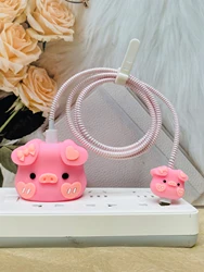 4pcs Pink Pig Design Wall Charger Protective Case And Data Cable Protective Case For 20w Charging Head Set