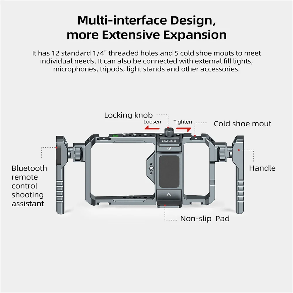 Universal Metal Phone Cage Smart Stabilizer w Handgrip Phone Holder for Iphone 15 14 13 Andriod Mic Led Light Filmmaking Video