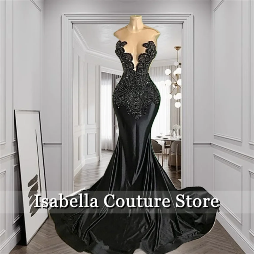 

Sexy Black Diamonds Mermaid Prom Dress Glitter Beads Rhinestones Birthday Party Dress Wedding Reception RobeCustomized