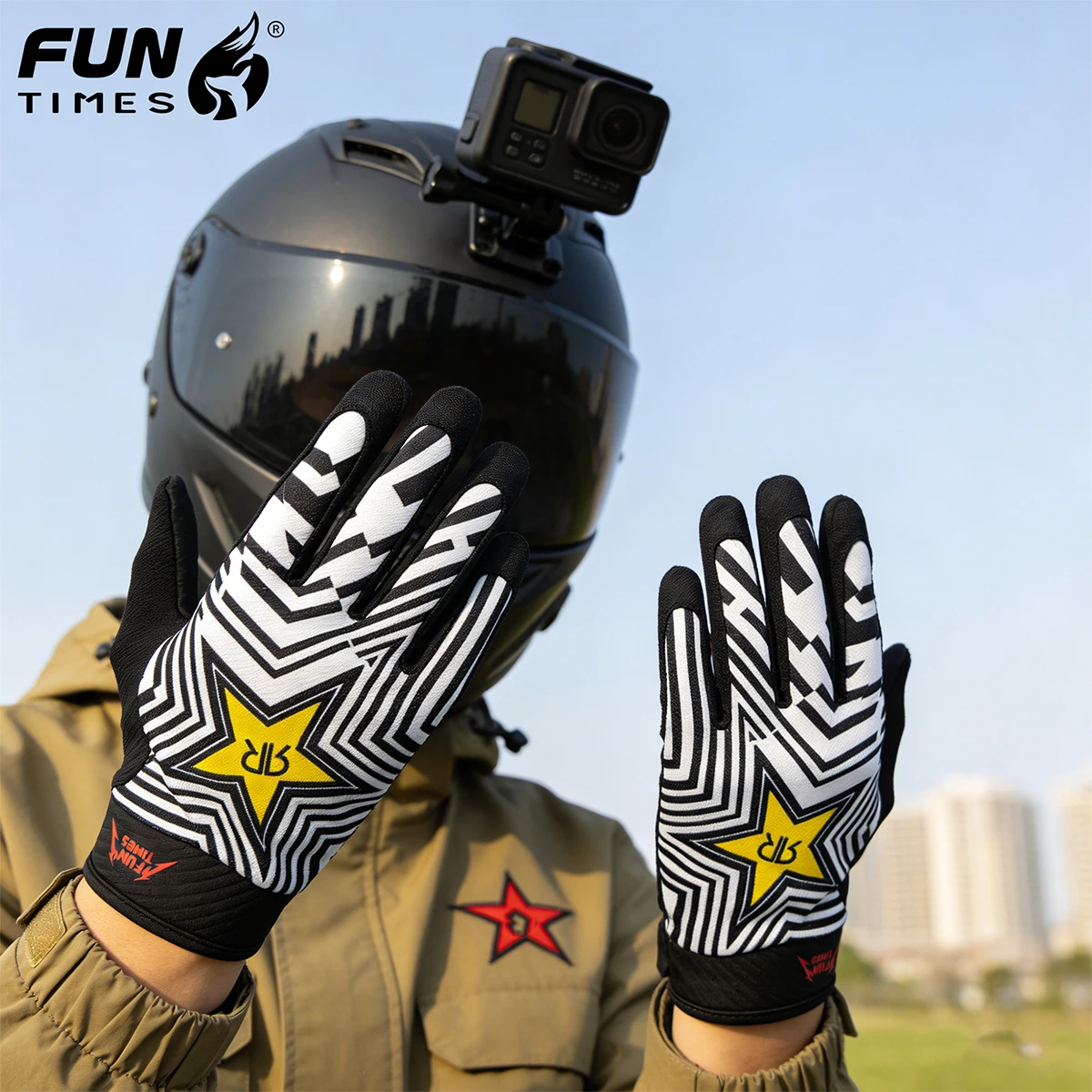 

FUNTIMES latest little fox pattern design motorcycle riding full finger gloves black and white striped split finger gloves