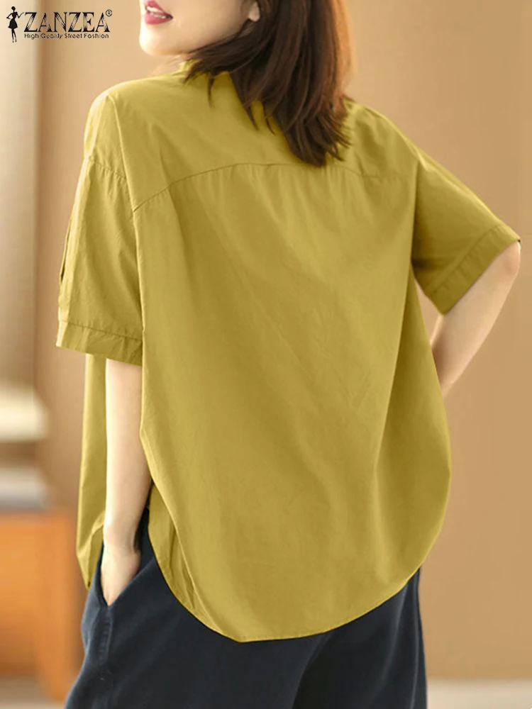 ZANZEA Casual Women Chemise Button Down Short Sleeve Minimalist Loose Shirts Solid Color Korean Fashion Oversiezd Work Tunic Top