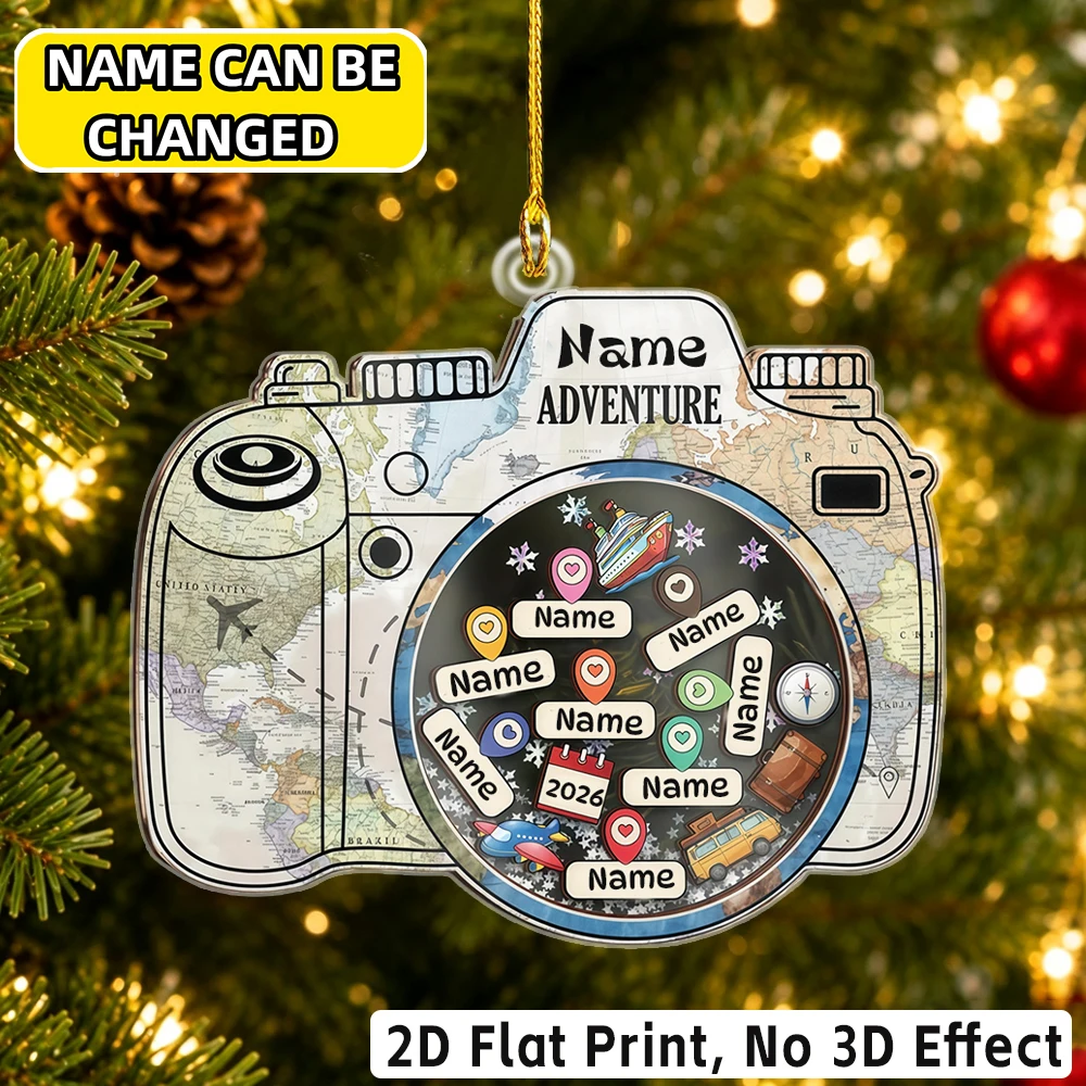 2D Flat‑Personalized Name Acrylic Pendant Camera World Map Travel Pattern For Backpack Xmas Tree Hanging Holiday Gift