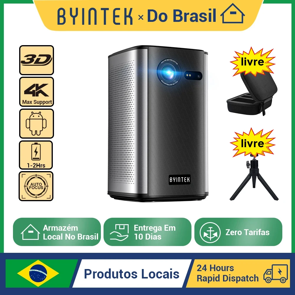 BYINTEK P70 Projetor 4K 1080P DLP Mini Projetor Portátil Home Theater Inteligente Wi-Fi e Bluetooth para Filmes e Jogos Com Bateria