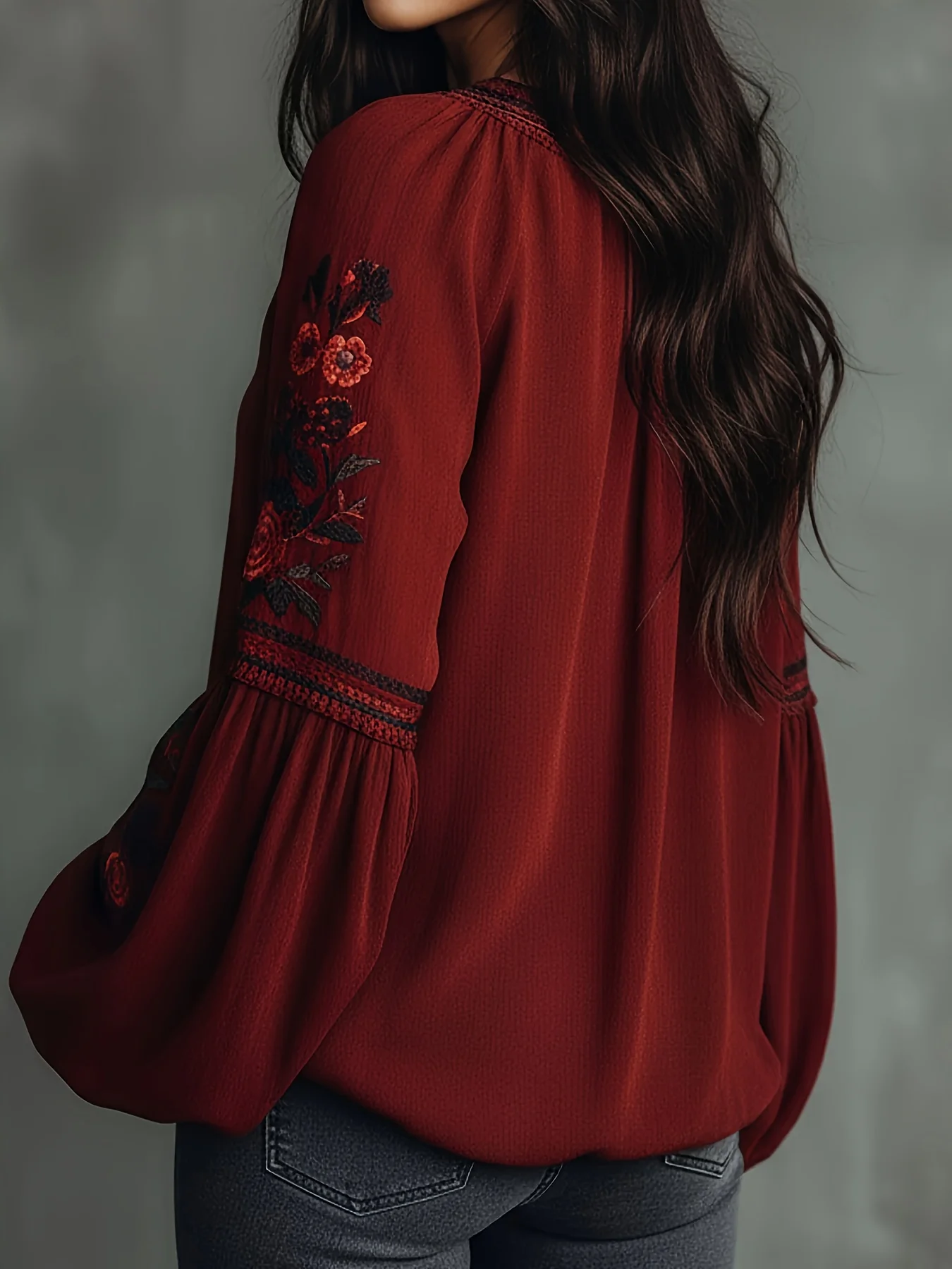 Vintage Boho Blouse for Women V Neck Floral Embroidered Bell Sleeve Loose Fit Casual Ethnic Beach Vacation Retro Shirt Top - view 4