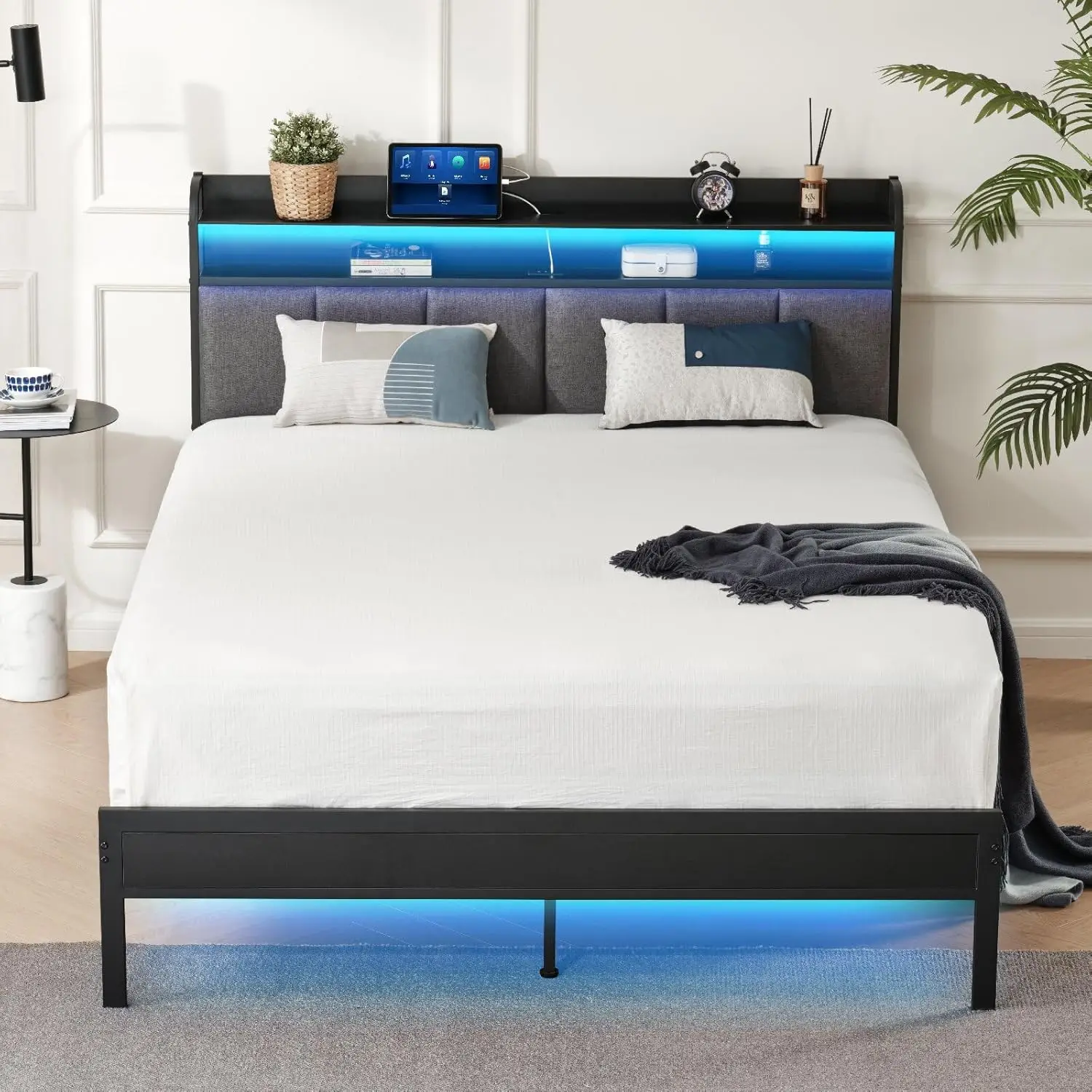 Twin Bed Frames, Upgraded Metal Bed Frame with LED Lights Headboard , Upholstered Backrest Bed with Charging