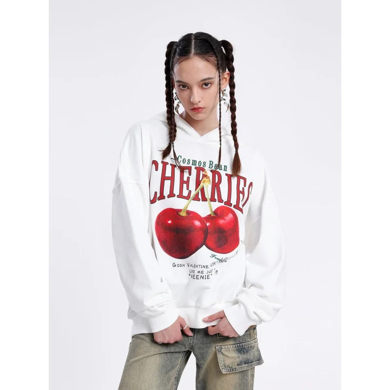 

Loose hoodie, cherry patterned white street sports shirt, fashionable pullover, suitable for both men and women