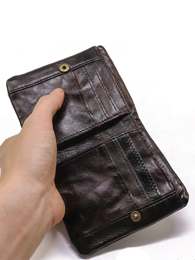2024 Portfel męski z prawdziwej skóry Vintage Cowhide Short Bifold Męskie portmonetki z zamkiem błyskawicznym Kieszeń na monety Torba na pieniądze — zdjęcie 2