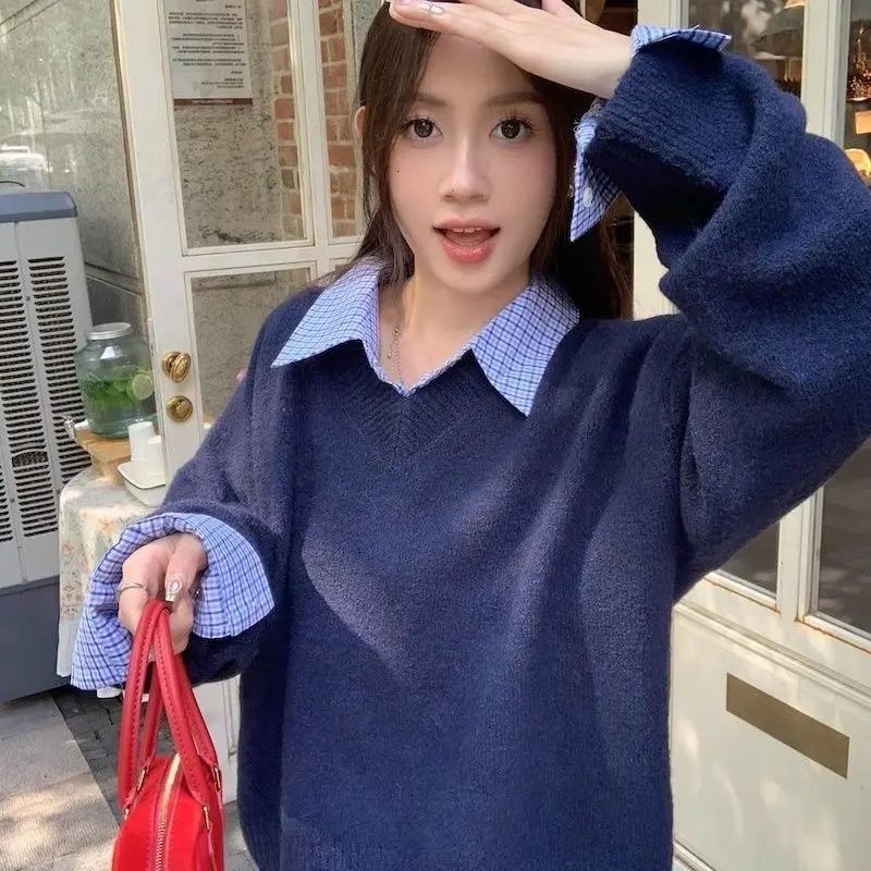

Women's Clothing New Navy Blue Round Neck Hood Knit Sweater Early Autumn Korean Style Tops Long Sleeves Fashion Versatile