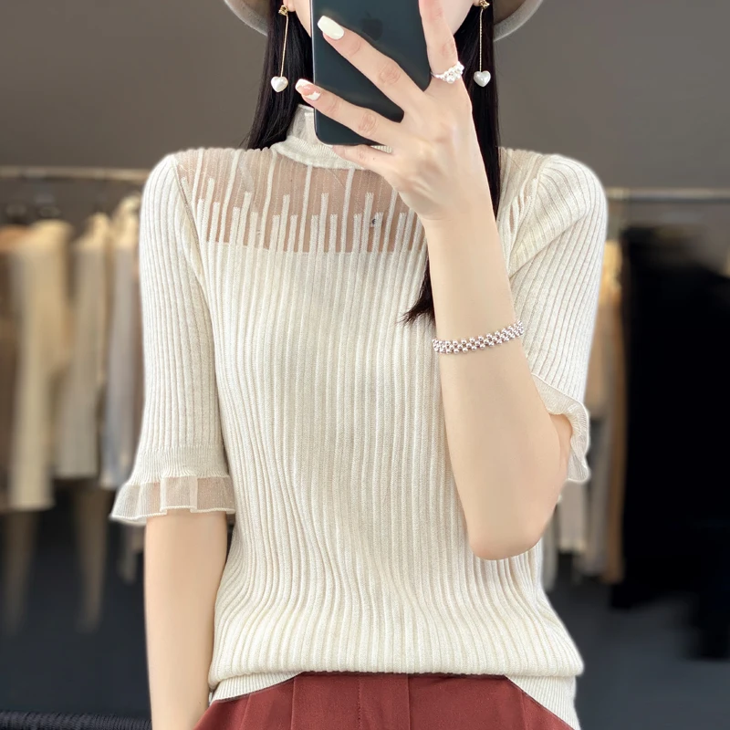 Cashmere Sweater Half sleeve Women Summer  2023  Cashmere Short sleeve Tops Women Lace Cashmere Pullovers Female