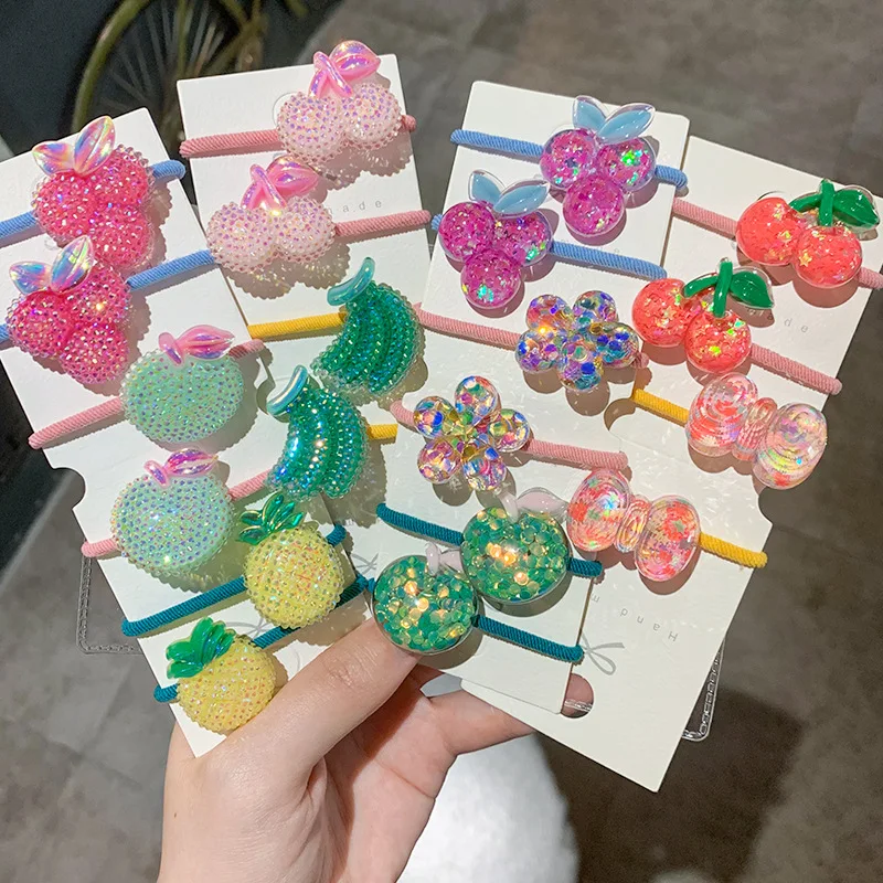 Cute Fruit Flower Hair Ties for Girls Kids Sparkling Elastic Ponytail Holders Soft Non Damage High Elasticity Rubber Bands Set