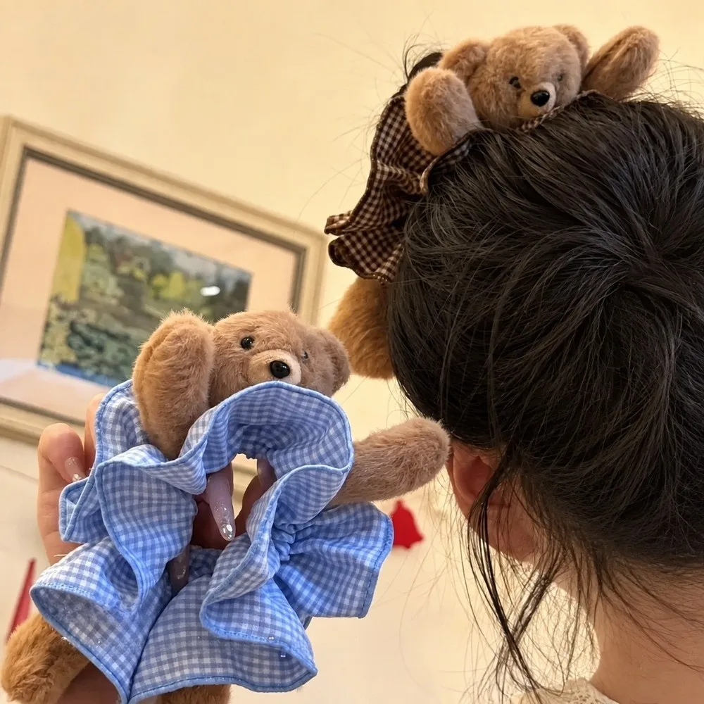 Fashionable High Elasticity Bear Scrunchies Cute Versatile Plaid Ponytail Holder Soft Hair Ring Hair Rope Party