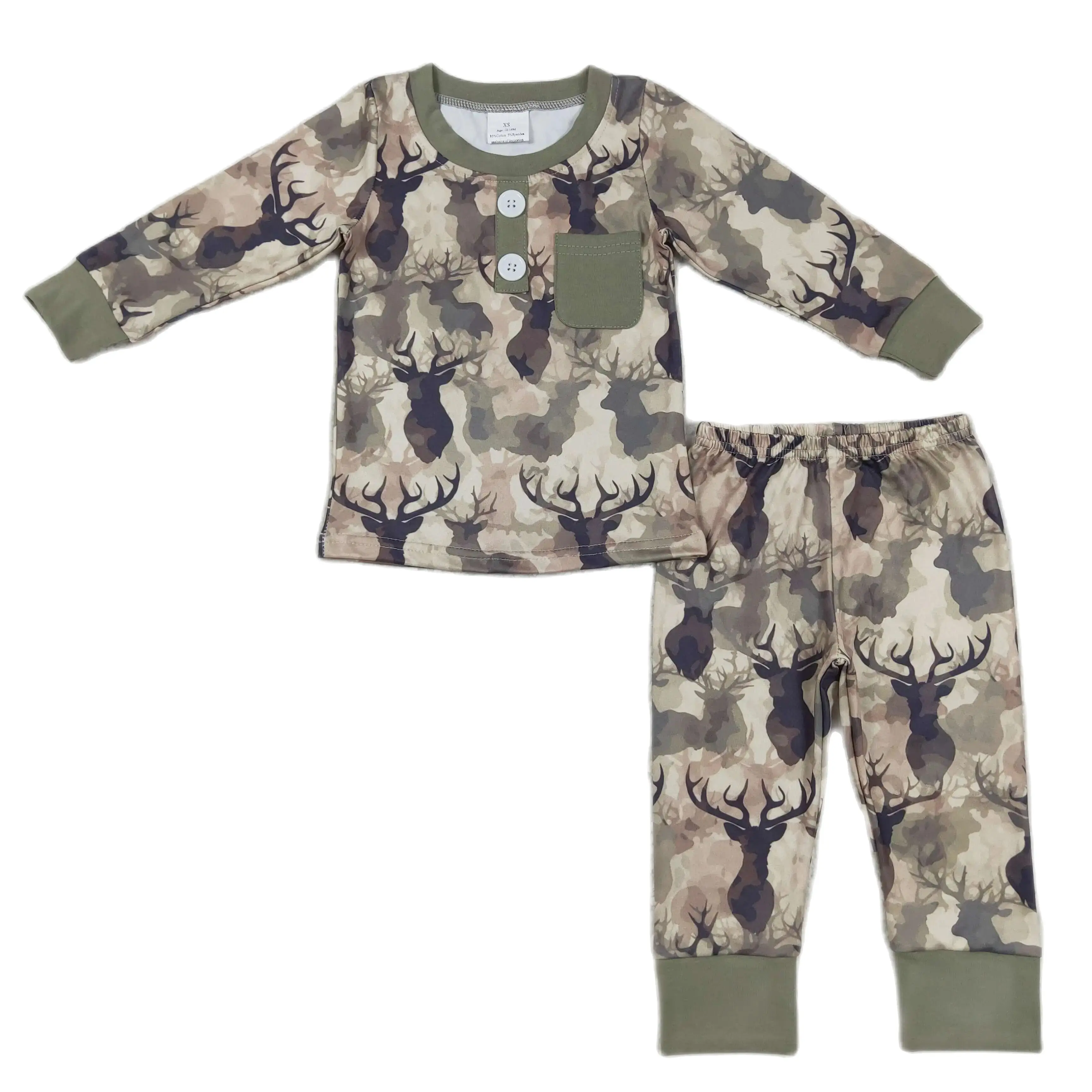 

Toddler Baby Boys Pajamas Clothes Sets Long Sleeve Army Green Camo Elk Print Pocket Top Pants Bamboo Set Kids Children Clothing