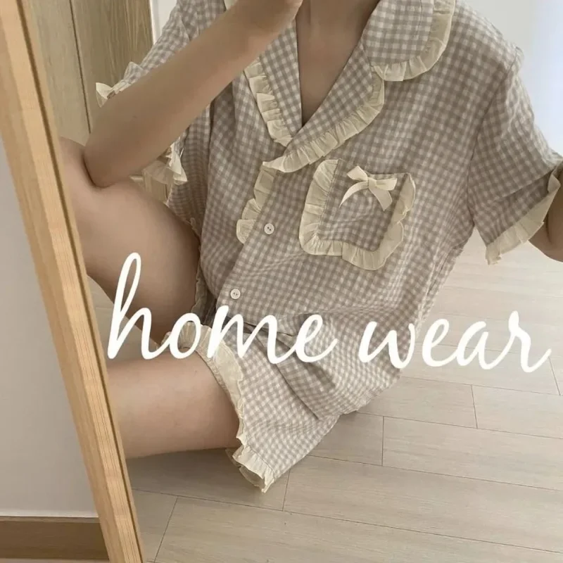 Plaid Sleepwear Women Pajama Sets Korean Summer Piiama Sets 2 Pieces Bow Night Wears Short Sleeve Pyjamas Pocket Home Suit 2024