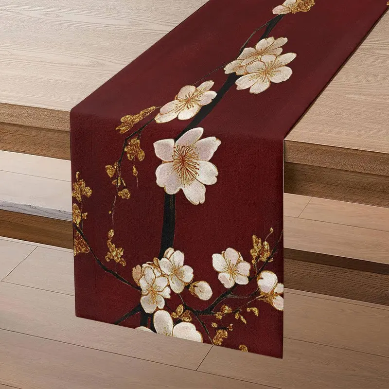 

1 Piece of New Chinese-Style Plum Blossom Gilding Table Flag, Painted with Golden Flower Branches on a Red Background, White Plum Blossom Pattern, Suitable for Chinese-Style Home Banquets, Spring Festival Parties, Tea Room Decorations, Classical B&Bs, Art