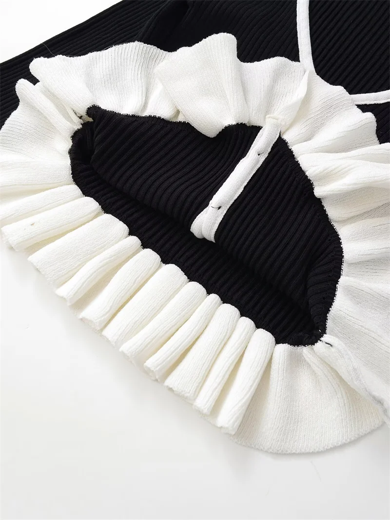 Damski płaszcz 2025 Jesień Nowy Styl Czarno-biały Kolorowy Kardigan z Długim Rękawem i Dekoltem w Serek, Stylowy i Seksowny