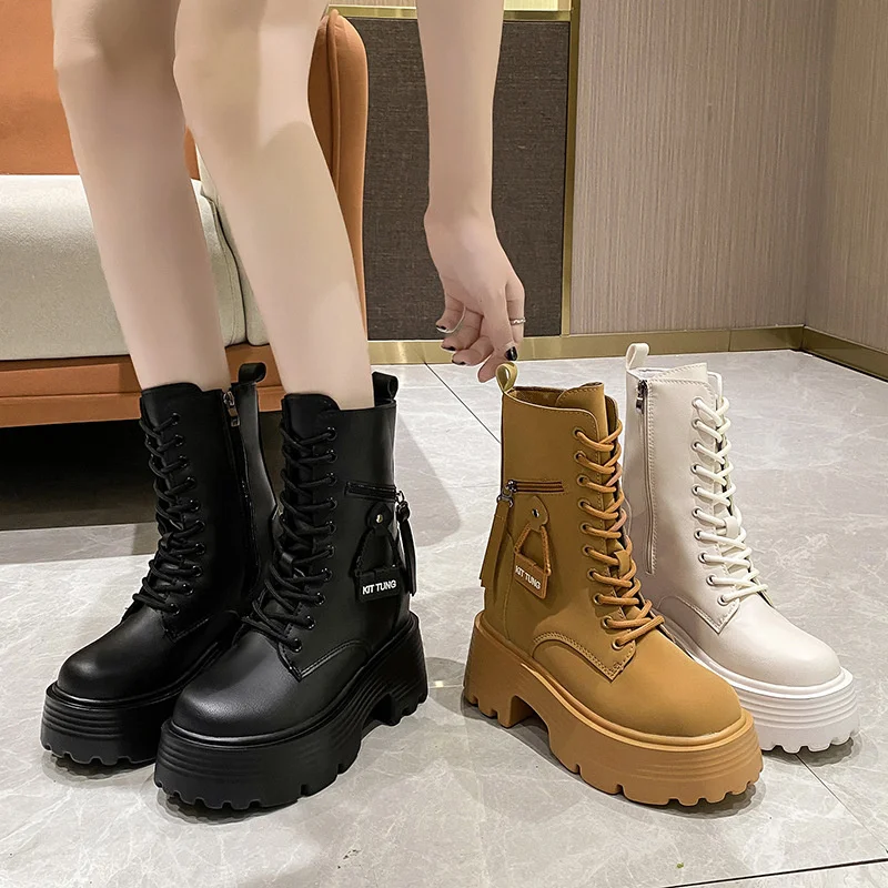 New 2023 Autumn Platform Mid-calf Boots  Women Thick Sole Winter Leather Punk Shoes Chunky Motorcycle Boots Woman