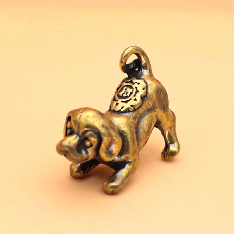 Solid Brass Lucky Puppy Keychain Pendant Figurines Miniatures Desktop Ornament Room Decoration Accessories Retro Dog Tea Pet