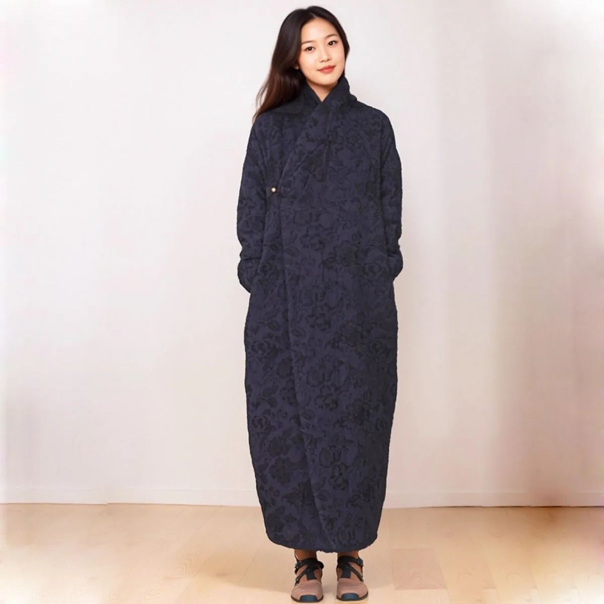 

Винтажное китайское жаккардовое хлопково-льняное длинное пальто Hanfu, женская куртка на одной пуговице, теплое стеганое зимнее пальто в японском стиле кимоно