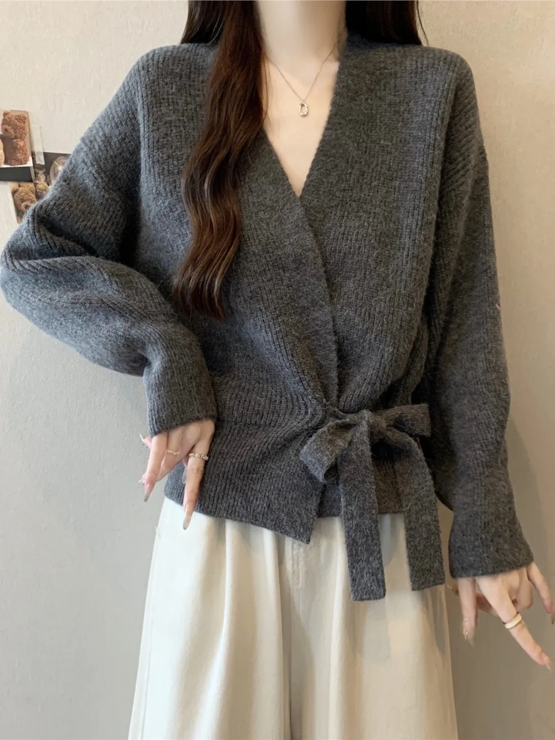 

Stunning V-Ne Knitted Open Cardigan Women's plus Size Autumn Winter Loose Fit Sweater Jaet Belt Waist Slimming Youthful