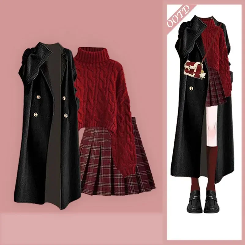 

Spring and Autumn Mid Length Coat High Collar Knitted Sweater Retro High Waist Hundred Fold Half Skirt 3-Piece Set