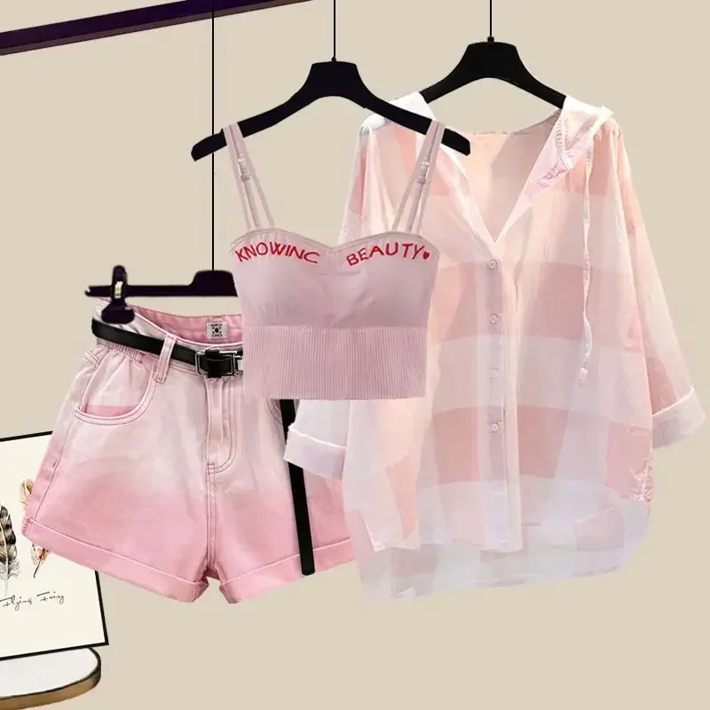 

Fashion Tie-dyed Shorts Sunscreen Plaid Shirt Pink Bra Three-piece Elegant Women's Pants Set Summer Outfits Tracksuit for 2024