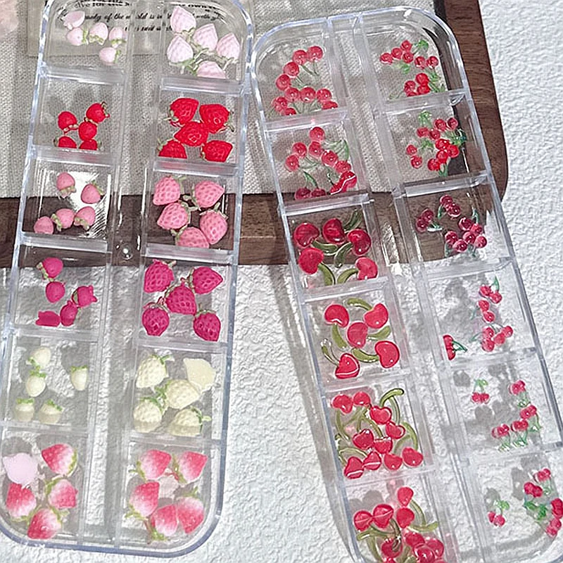 12グリッド/ボックス 60個入り 3Dアクリルフルーツネイルアート チェリー ストロベリー チャーム アクセサリー ネイルデコレーション マニキュアデコ用品