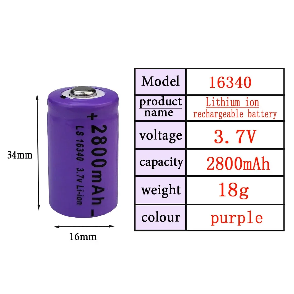 2025 NEW CR123A RCR 123 ICR 16340 Battery 2800mAh 3.7V Safety Camera RechargeableLithium Ion  Battery