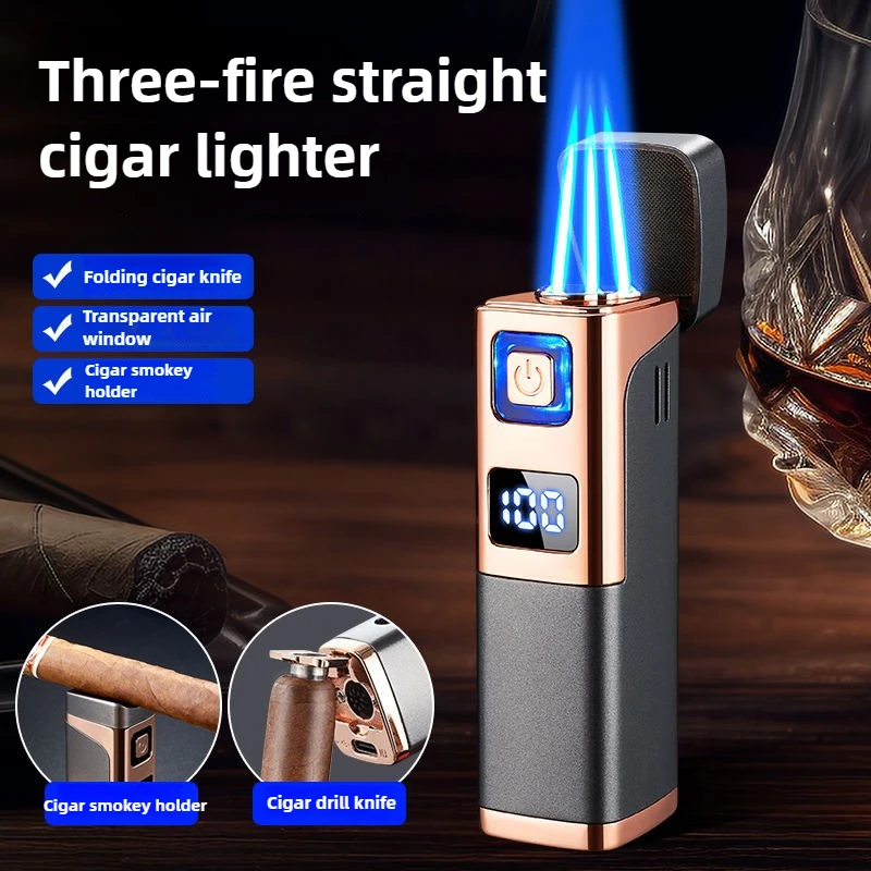 

Creative Gas Electric Integrated Blue Flame Cigar Lighter, Outdoor Camping Barbecue Windproof Portable EDC Igniter