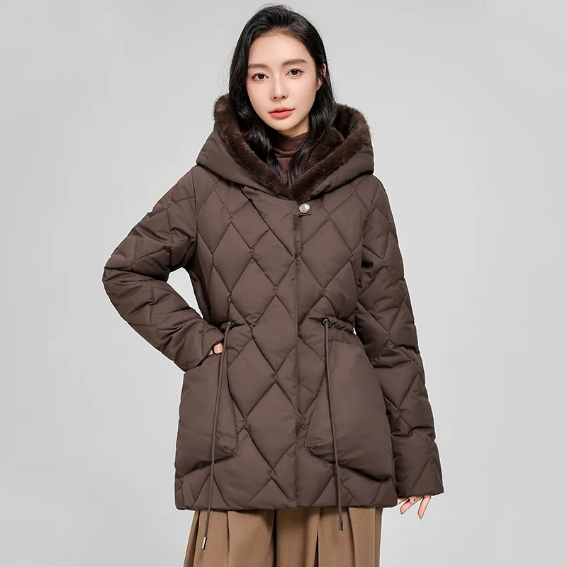 

Winter Women's Hooded Jacket 2025 Temperament Fashion Drawstring Waist Thicken Warm Coat New Elegant Female Parkas Overcoat