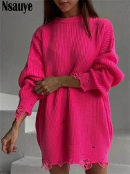 Nsauye 2021 Winter Y2K Fashion Loose Knitted O Neck Long Sleeve Black Pullover Tops Sexy Women Party Oversized Sweater Dresses