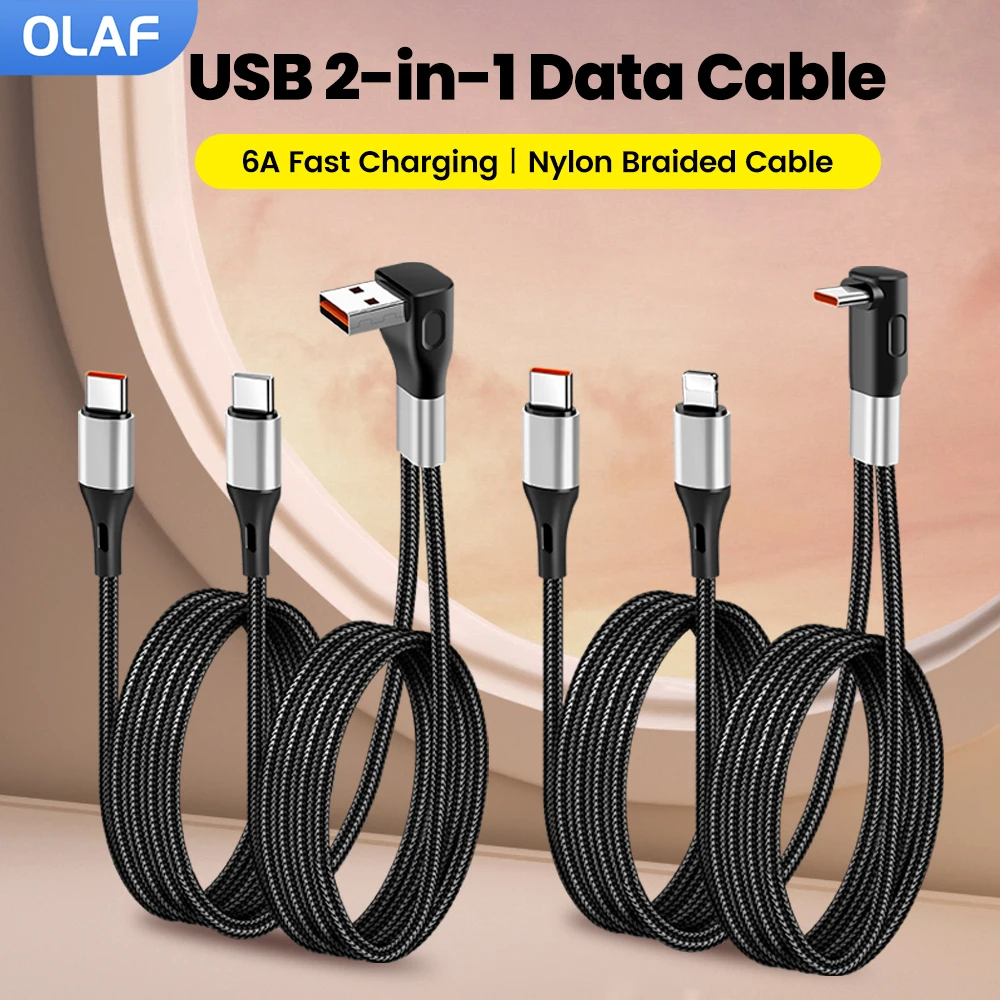 

2 in 1 Fast Charging Type C Cable 66W 6A USB A/USB C To Dual Type C Cable For iPhone 15 16 Samsung Xiaomi Huawei USB C Data Cord