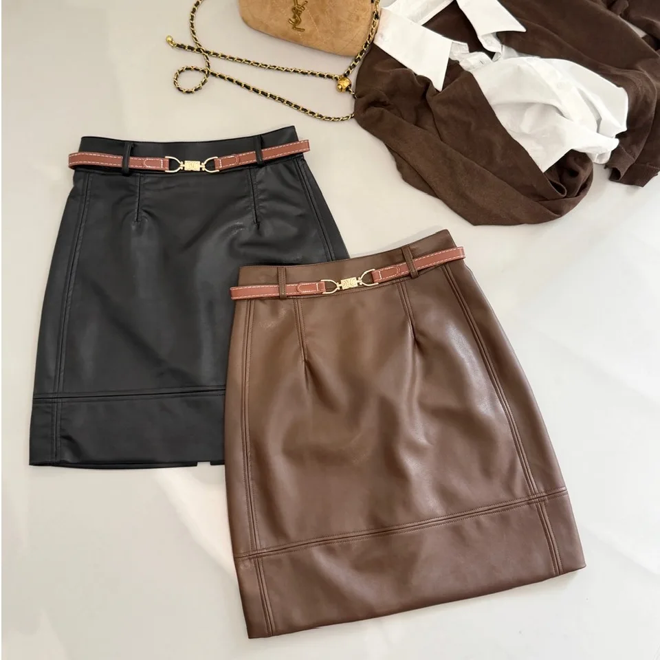 Early Autumn PU Leather High Waist Slimming Half Skirt Women's Elegant Versatile Bodycon Skirt Money-Saving Style A-Line Skirt