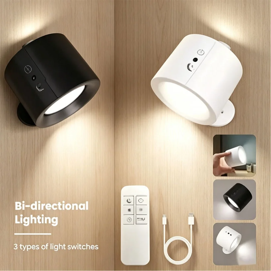 Wiederaufladbare LED-Wandleuchte mit Touch-Fernbedienung, dimmbar, Doppelkopf-Spotlight-Lampe, kabellose magnetische Wandlampe für Schlafzimmerdekoration