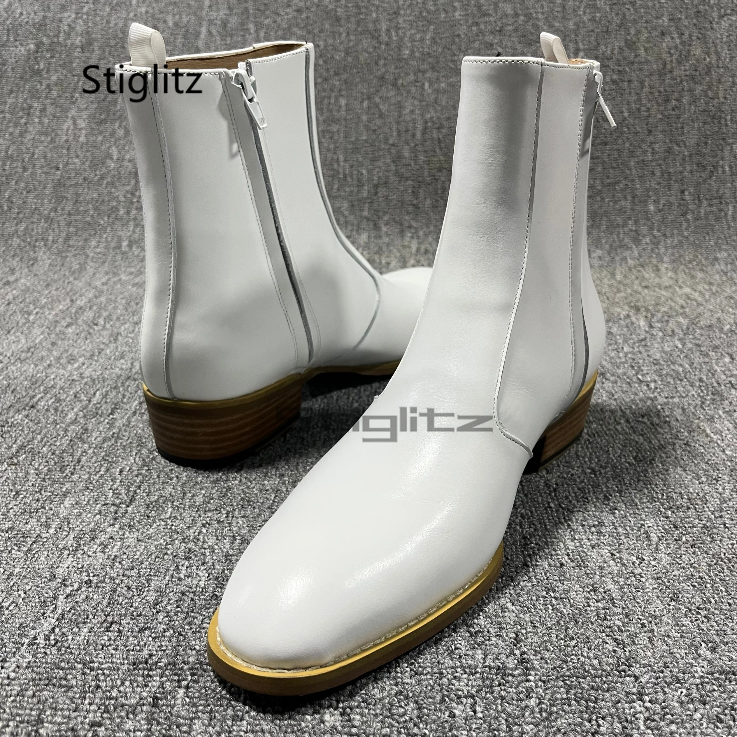 White Genuine Leather Chelsea Boots for Men Pointed Toe Cowhide Side Zip Ankle Boots Spring Autumn Male Business Dress Shoes