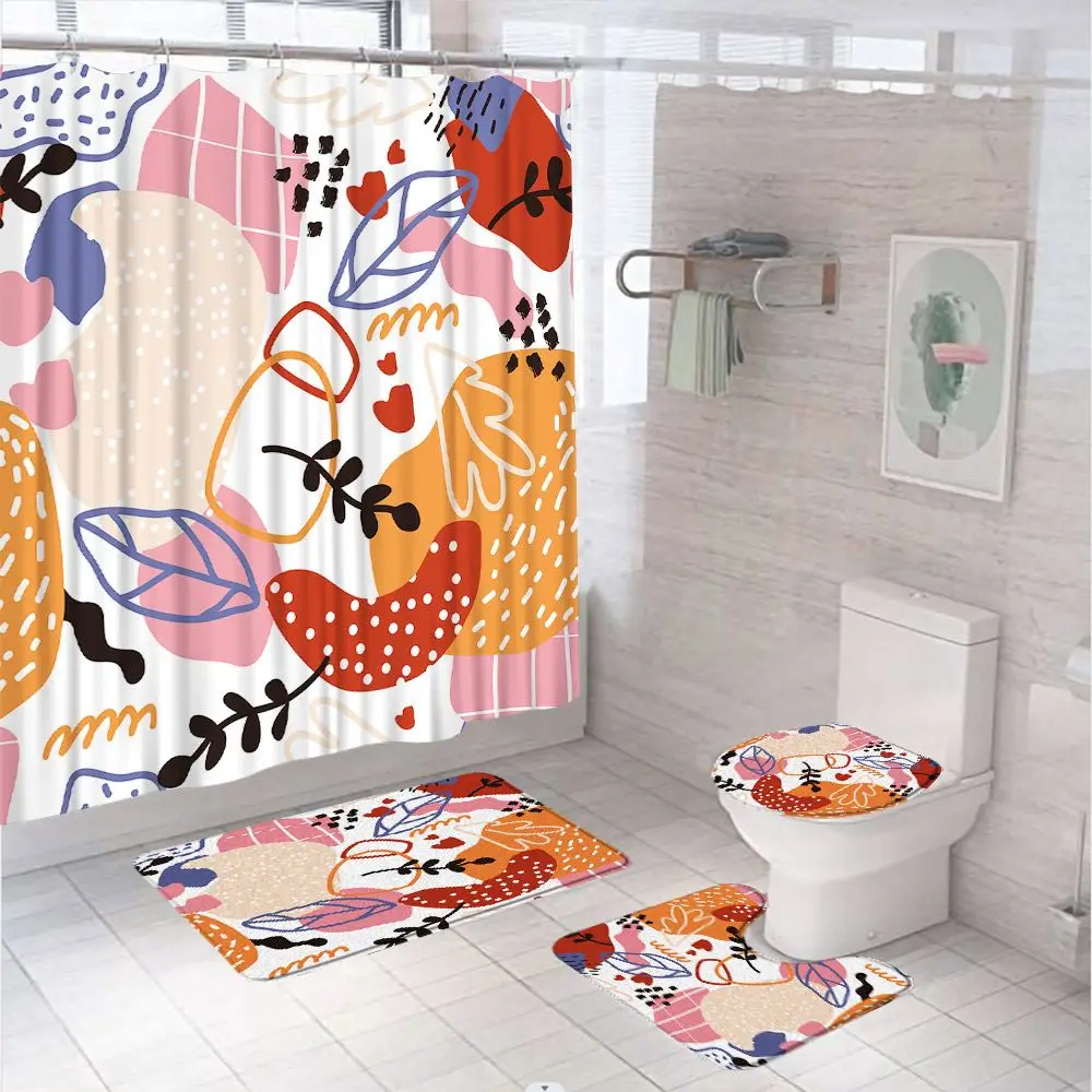 

Abstract Mid Century Shower Curtain Sets Floral Plant Nature Bathroom Curtains Art Bathtub Decor Carpet Bath Mats Toilet Covers