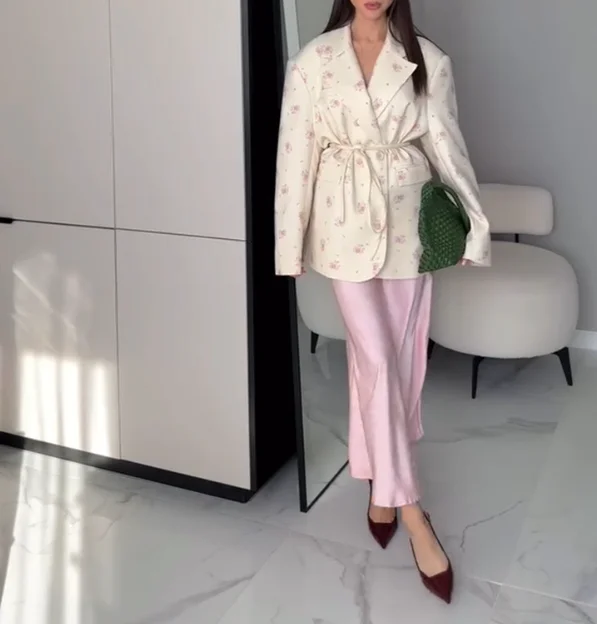 Fashionable printed loose fitting suit collar with tie waistband suit jacket for autumn/winter 2025 new women's clothing