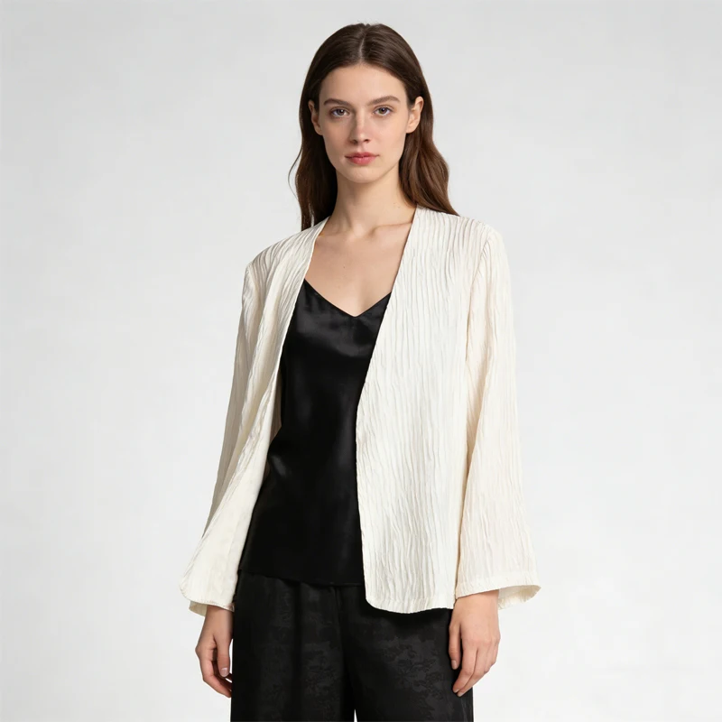 Women's Casual Clothing 93% Natural Mulberry Silk Elastic Special Bubble Crepe Double-layer Buttonless Solid Fashionable Jacket