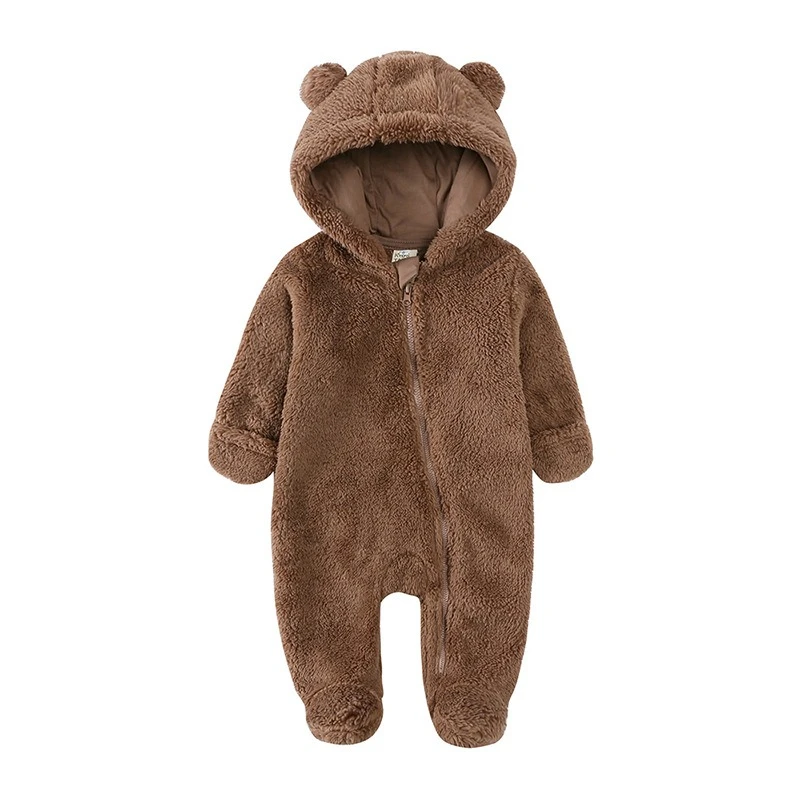 

Unisex Baby Fuzzy Bear Hooded Romper - Diagonal Zipper, Infant Cute Warm Outdoor Autumn/Winter Bodysuit for Christmas