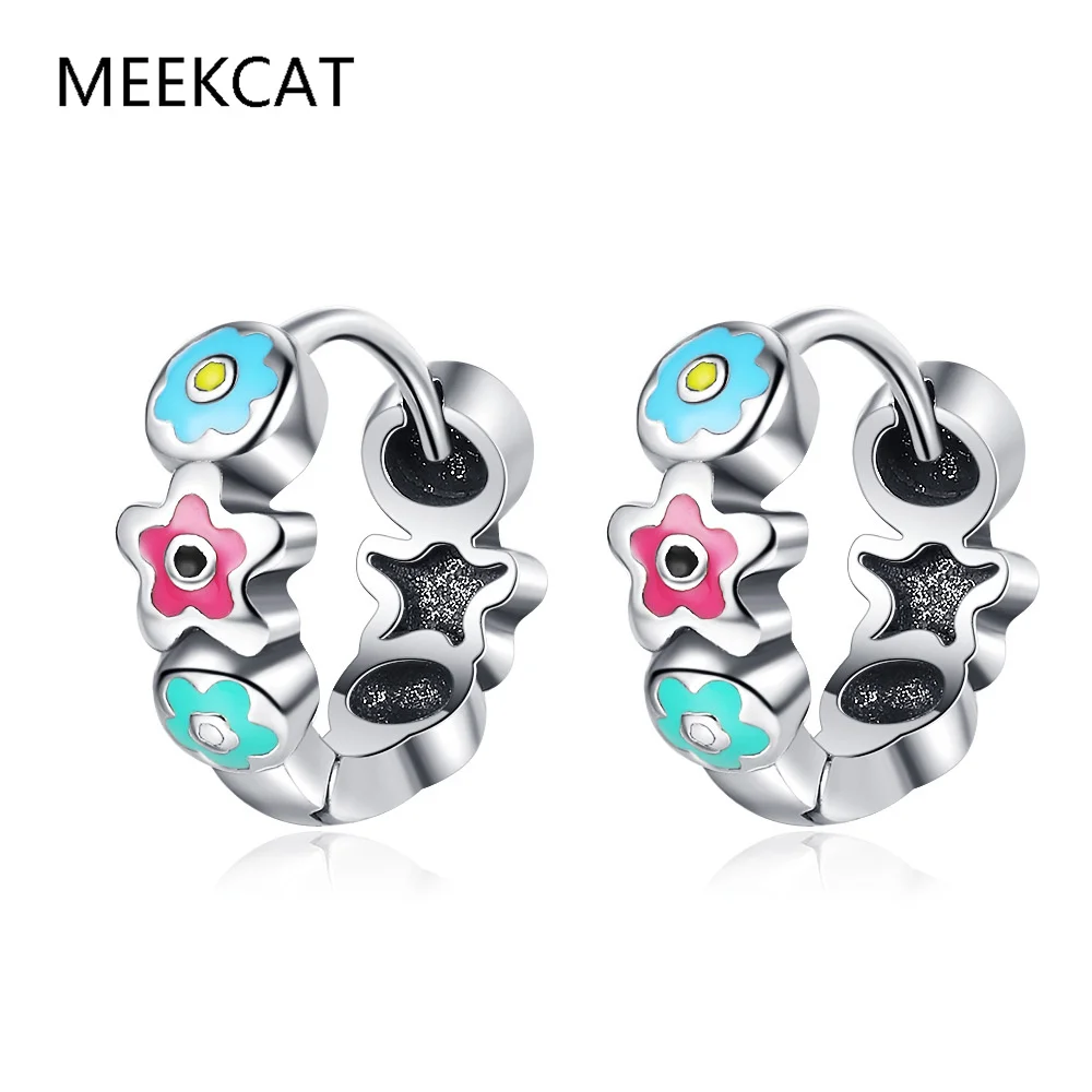Real 925 Sterling Silver Colorful Enamel Flower Hoop Earring Huggies for Women Cute Vintage Fine Jewelry Minimalist Accessories