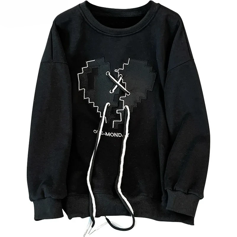 American Vintage Style Fashion Casual Long Sleeve Lace-up Sweatshirts 2023 Winter Women Retro Loose Round Neck Letter Print Top