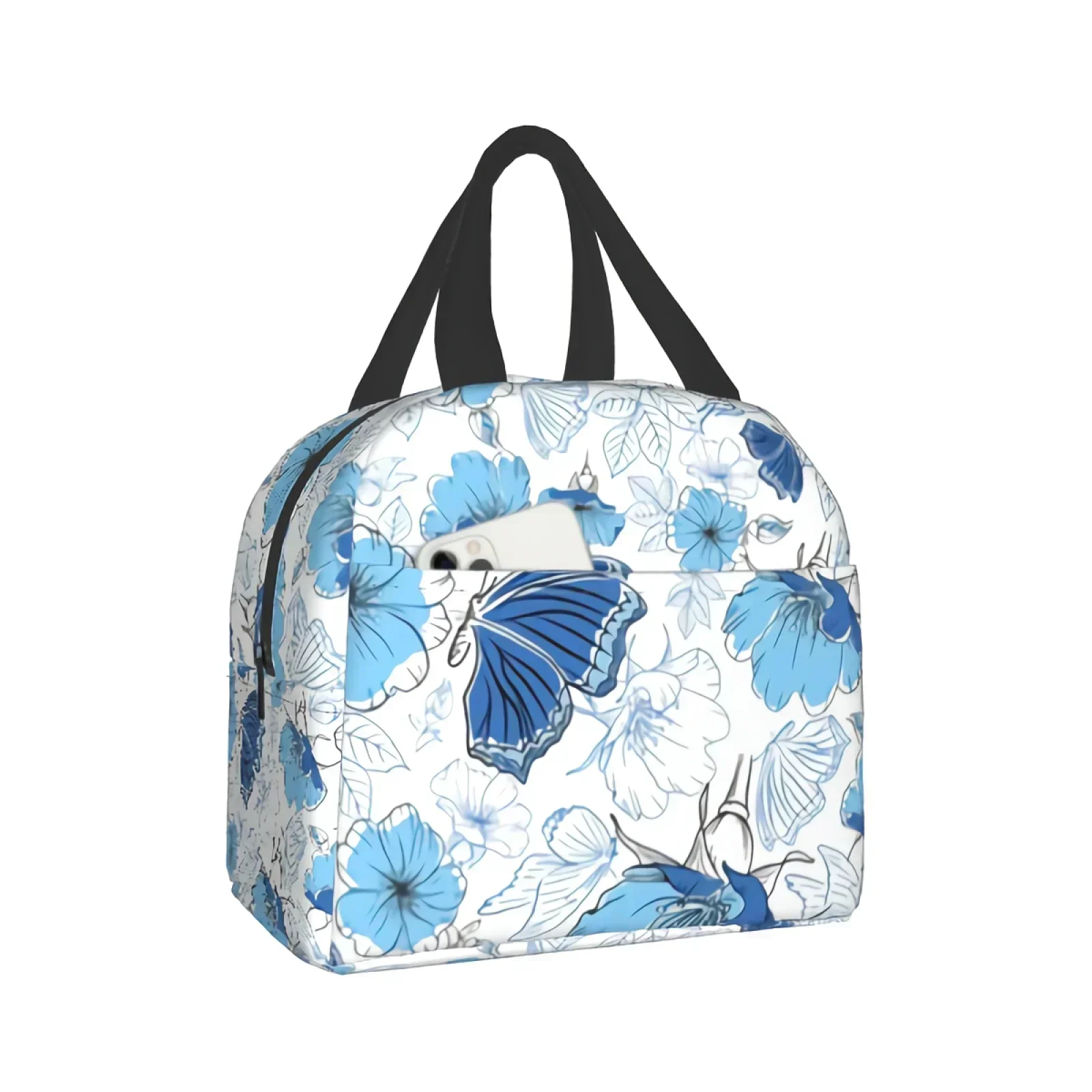 

Blue Flowers And Butterflies Kids Lunch box Insulated Soft Bag Cooler Back to School Thermal Meal Tote Kit for Girls Boys