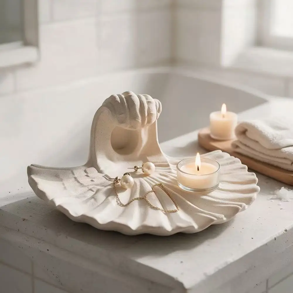 Seashell Shape Wall Candle Holder, 2 in 1 Tabletop & Wall Mount Tealight Holder, Composite Mineral Sand Texture Candlestick, Hom