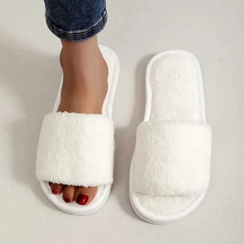 Four Seasons New Women's Home Slippers Slides Sandals Shoes White Fur Warm Plush Comfortable Lightweight Flat image 4