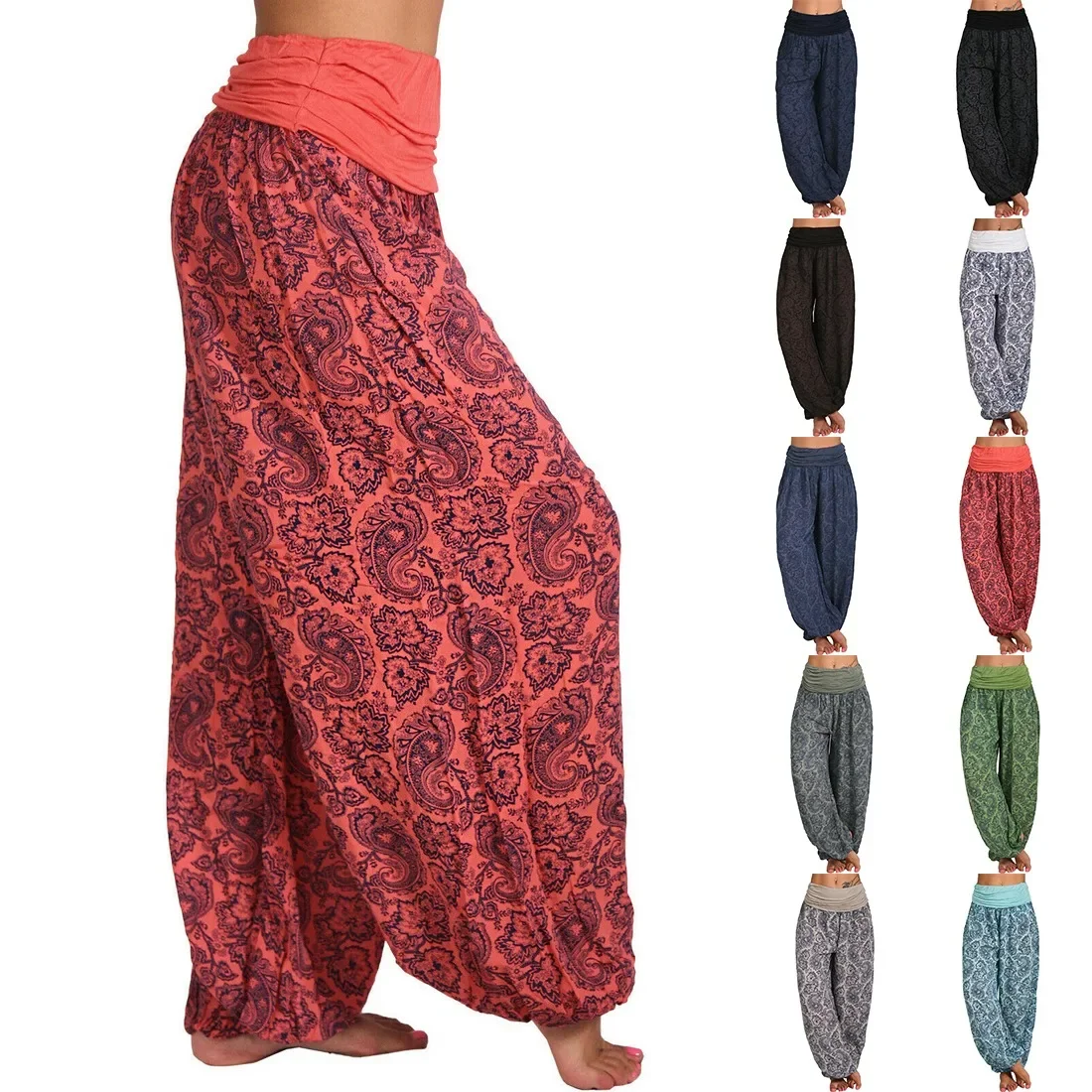 Frauen Bohemian Blumen druck lange Hosen 2022 mittlere Taille Vintage Harems hose elastische Taille Boho Strand hose plus Größe 5xl