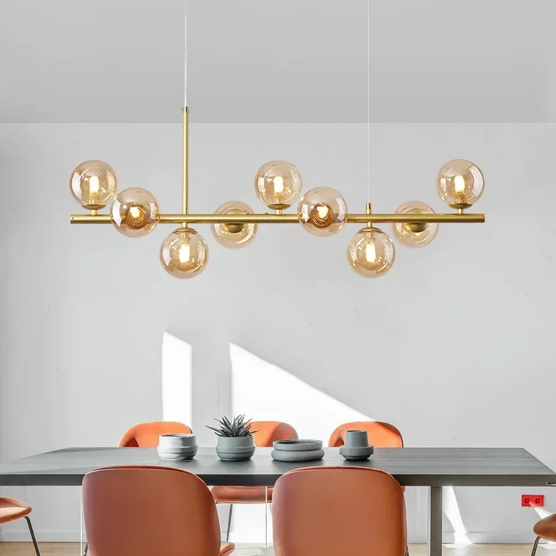 Modern Minimalist Golden Glass Ball LED Chandelier Restaurant Kitchen Coffee Bar Pendant Lamp Designer Hanging Lighting Fixtures