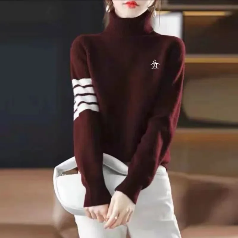 Women Golf Wear 2024 Autumn New Korean Golf Sweater Fashion High Collar Windproof Knit Golf Stripe Luxury Brand Women Blouse