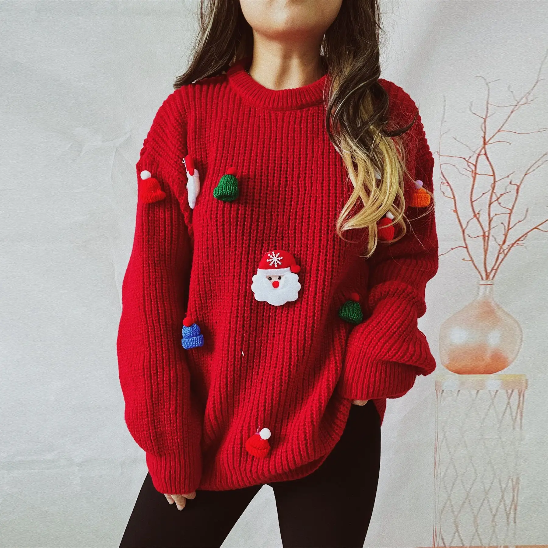 

2025 Christmas Santa Knit Sweater Women Cute Round Neck Long Sleeve Warm Pullover Sweater