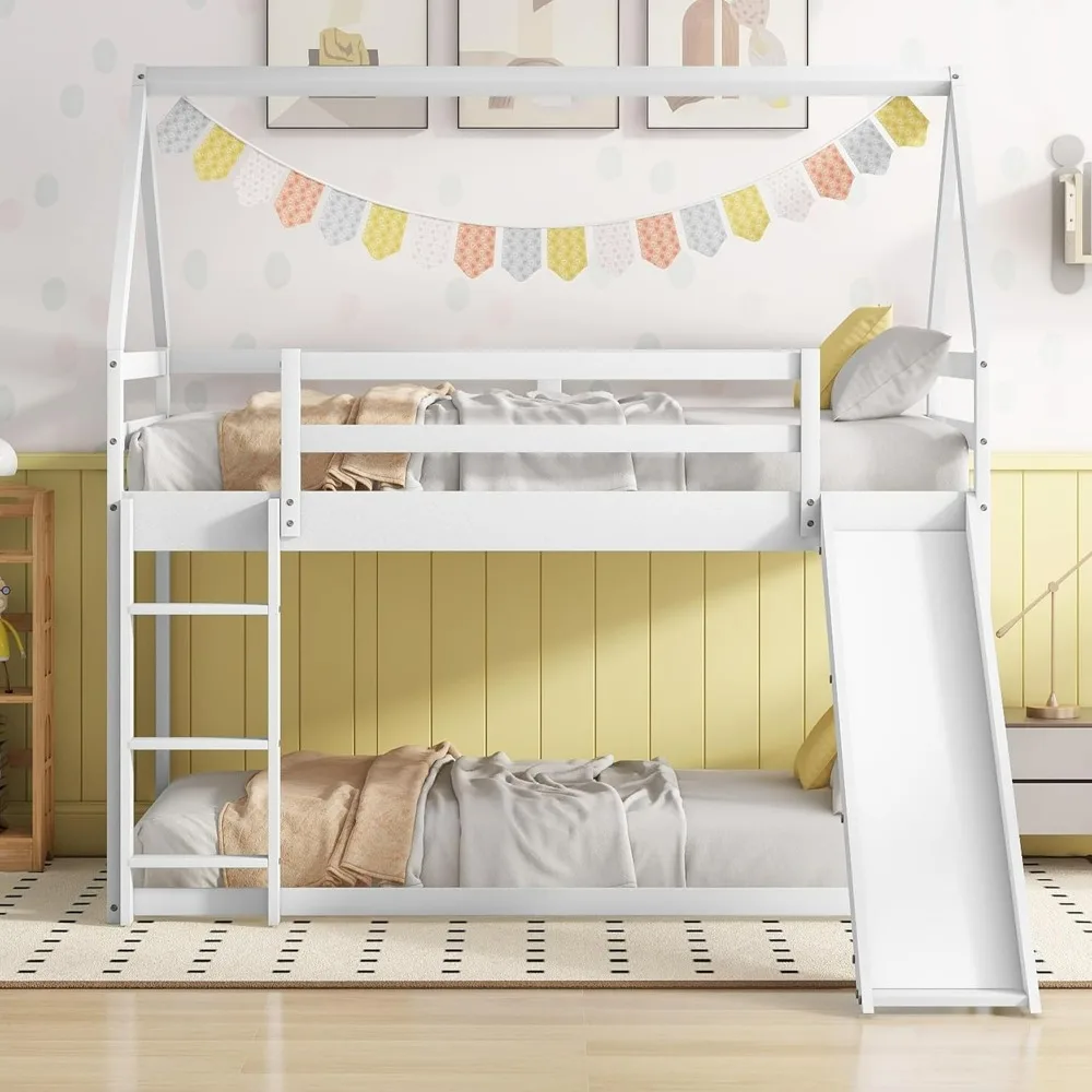 Twin-Etagenbetten für Kinder, Holzhaus-Etagenbett Twin Over Twin, Kinder-Etagenbett mit Rutsche und Dach für Mädchen und Jungen, Weiß