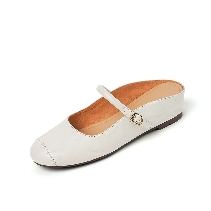 

Vintage Lambskin Slides 1cm Wedge 2.5cm Inner Height Round Toe Single Buckle Stitching Beige Burgundy Brown Women Retro